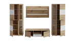 Wohnwand Amsterdam in der Farbkombi. Artisan oak und weiß, Frontansicht, mit offenen Türen