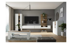Highboard Lüttich, in der Farb Kombi. Secret grey / Valecia oak, in einem Raum stehend und mit weiteren Artikel der Serie
