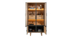 Vitrine Shimanto mit 2 Glastüren, sowie Fronten und Korpus in Echtholzfurnier Eiche natur und Gestell aus Metall in Graphit, geöffnet