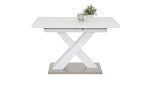 Esstisch Elvis im Dekor Weiß-Hochglanz und Tischplatte mit Glasauflage in New White, modernes Säulen-X-Gestell, Seitenansicht