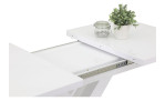 Esstisch Elvis im Dekor Weiß-Hochglanz und Tischplatte mit Glasauflage in New White, modernes Säulen-X-Gestell, Funktion Detailansicht