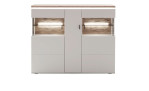 Komfort-Highboard Amant aus Holzwerkstoff in Modern White und einer Absetzung in Viking Oak. Frontalansicht.