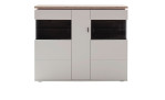 Basis-Highboard Amant aus Holzwerkstoff in Modern White und einer Absetzung in Viking Oak. Frontalansicht.
