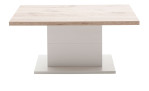 Couchtisch Amant aus Holzwerkstoff mit einem Gestell in Modern White und einer Tischplatte in Viking Oak. Frontalansicht.