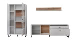 Basis-Wohnwand Louisa aus Holzwerkstoff in Modern White mit einer Rückwand in Viking Oak Leistenoptik. Geöffnete Ansicht.