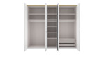 Komfort-Drehtürenschrank Miami in weiß mit einer Absetzung in Bianco Eiche. Geöffnete Ansicht.