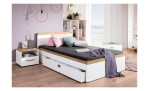 Jugenzimmer-3/4-Bettkasten in der Farbausführung Kreideweiß, unter einem Bett verbaut, dass in einem Raum steht