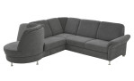 Basis-Wohnlandschaft plano|FORM Wien im Bezugsstoff Grey und silbernen Füßen. Schräge Seitenansicht und drehbarem Rondelabschluss.