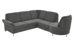 Basis-Wohnlandschaft plano|FORM Wien im Bezugsstoff Grey und silbernen Füßen. Schräge Seitenansciht mit drehbarem Rondelabschluss.