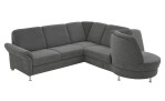 Basis-Wohnlandschaft plano|FORM Wien im Bezugsstoff Grey und silbernen Füßen. Schräge Seitenansciht mit drehbarem Rondelabschluss.