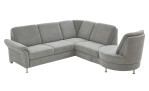 Basis-Wohnlandschaft plano|FORM Wien im Bezugsstoff Silver und silbernen Füßen. Schräge Seitenansicht mit drehbarem Rondelabschluss.
