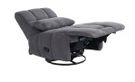 Relax-Sessel in grauem Cordstoff bezogen mit einem Zierkissen mit hochgestelltem Fußteil und zurückgefahrener Rückenlehne.