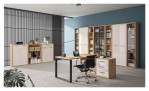 Schreibtisch-Kombination Design-Office in Artisan Eiche, mit einem anthraziten Fuß und einer Schubkastenfront Absetzung in Hochglanz Cashmerre. Mit den passenden Möbeln