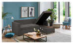 Ecksofa Josua in Taupe in einem Stoffbezug. Mit der aufgeklapptn Ottomane.