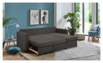 Ecksofa Josua in Taupe in einem Stoffbezug. Mit einer ausgezogenen Liegefläche.