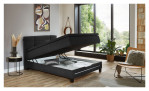 Boxspringbett Jogi in Anthrazit aus einem Stoffbezug mit einer Lichtleiste im Fußteil. Mit einem geöffneten Bettkasten.