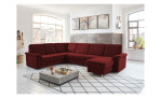 Wohnlandschaft plano|FORM Doren in der Farbausführung Rot mit einem Couchtisch und Deko 