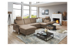 Ecksofa plano|FORM Lirio in der Farbe Camel mit dem offenen Stauraum