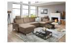 Ecksofa plano|FORM Lirio in der Farbe camel mit dem offenen Stauraum