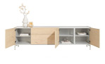 Sideboard Niora in der Farbe Natur mit Dekoartikeln auf der Oberplatte mit geöffneten Türen