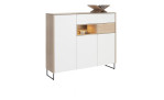 Highboard Lindfield mit Korpus, Fach und Schublade in der Farbe Eiche und weißer Front, darauf steht ein Zeitungsständer, Schrägansicht