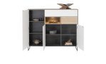 Highboard Lindfield mit Korpus, Fach und Schublade in der Farbe Eiche und weißer Front, darauf steht ein Zeitungsständer mit geöffneten Türen