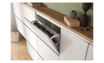 Schuhschrank Shoes mit 3 Klappen und 1 Tür, in der Farbe Weiß und einem Oberboden in Nox Oak Nachbildung, Detailansicht mit geöffneter Klappe