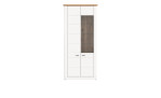 Vitrine Manhattan in weiß mit einer Deckplatte in Nox Oak aus Holzwerkstoff. Frontalansicht.
