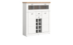 Barschrank Manhattan in weiß mit einer Abdeckplatte in Nox Oak. Schräge Seitenansicht.