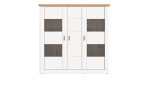 Highboard Manhattan in weiß mit einer Abdeckplatte in Nox Oak. Frontalansicht.