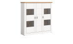 Highboard Manhattan in weiß mit einer Abdeckplatte in Nox Oak. Schräge Seitenansicht.