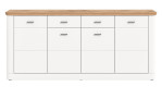 Sideboard Highboard in weiß mit Abdeckplatte in Nox Oak. Frontalansicht.