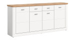 Sideboard Highboard in weiß mit Abdeckplatte in Nox Oak. Schräge Seitenansicht.