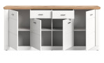 Sideboard Highboard in weiß mit Abdeckplatte in Nox Oak. Geöffnete Ansicht.
