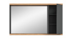 Spiegelschrank Nevada mit großer Spiegelfläche links und anthrazitfarbenem geöffnetem Schrank rechts. Boden- und Deckplatte holzfarben.