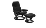 Relaxsessel mit Hocker Stressless Consul S Classic mit Bezug aus Batik Echtleder Black und Gestell aus schwarzem Holz