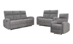 3-Sitzer Sofa Frankfurt mit einem Bezug aus hellgrauer Mikrofaser, abgebildet mit passendem 2-Sitzer und Sessel
