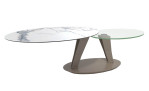 Couchtisch MONDO Varium mit einer Glas-Keramik Tischplatte in Marmoroptik Weiß und einer transparenten Glastischplatte mit einem Stahlgestell in Taupe..