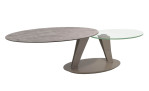Couchtisch MONDO Varium mit einer Glas-Keramik Tischplatte in Zementgrau und einer transparenten Glastischplatte mit einem Stahlgestell in Taupe..