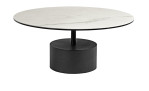 Couchtisch MONDO Varium mit einer Glas-Keramik Tischplatte in Marmoroptik Weiß mit einem schwarzem Stahlgestell.