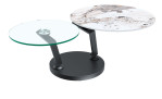 Couchtisch MONDO Varium mit einer Glas-Keramik Tischplatte in Marmoroptik Calcatta und einer Klarglasplatte mit einem schwarzen Stahlgetsell.