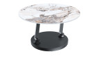 Couchtisch MONDO Varium mit einer Glas-Keramik Tischplatte in Marmoroptik Calcatta und einer Klarglasplatte mit einem schwarzen Stahlgetsell.