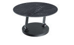 Couchtisch MONDO Varium mit einer Glas-Keramik Tischplatte in Marmoroptik Marquina und einer Klarglasplatte mit einem schwarzen Stahlgetsell.
