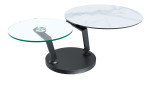 Couchtisch MONDO Varium mit einer Glas-Keramik Tischplatte in Marmoroptik Weiß und einer Klarglasplatte mit einem schwarzen Stahlgetsell.