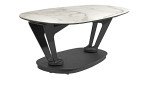 Couchtisch MONDO Varium mit einer Glas-Keramik Tischplatte in Marmoroptik Weiß und einer Klarglas Tischplatte und einem schwarzem Metallgetsell.