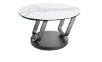 Couchtisch MONDO Varium mit zwei Glas-Keramik Tischplatten in Marmoroptik Weiß mit einem scwarzem Gestell.