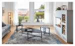 Beistelltisch MONDO Varium mit einer Keramik Tischplatte in  Marmoroptik Marquina und einem schwarzem Stahlgestell. Auf einem dekorierten Hintergrund.