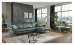 Komfort-Ecksofa MONDO Mirium in einerm Echtlederbezug in Opal. Auf einem dekorierten Hintergrund
