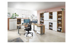 Büroschrank vito Clyde mit holzfarbenem Korpus und weißer Front im Büro.