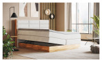 Boxspringbett VALMONDO Incana in einem Stoffbezug in Cream und einem Sichtholzrahmen in Eiche. Mit geöffneten Bettkasten